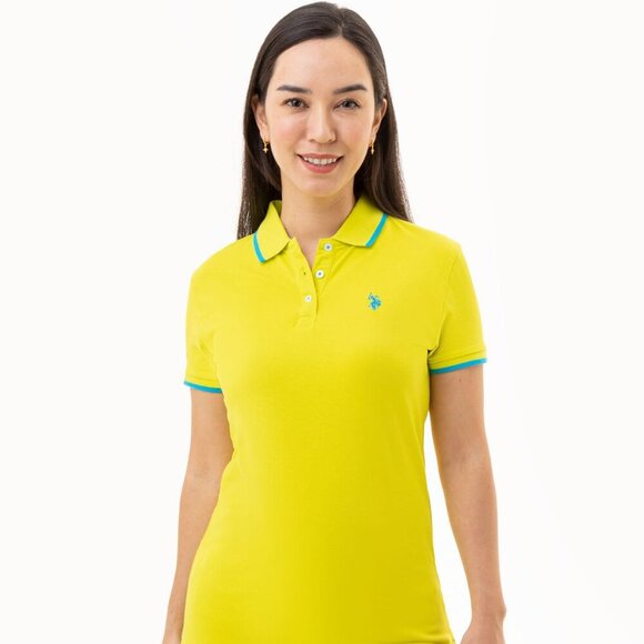 U.S. Polo Assn. Women's Tipped Solid Polo Shirt Color - Electric Lime - Size M - Picture 1 of 6